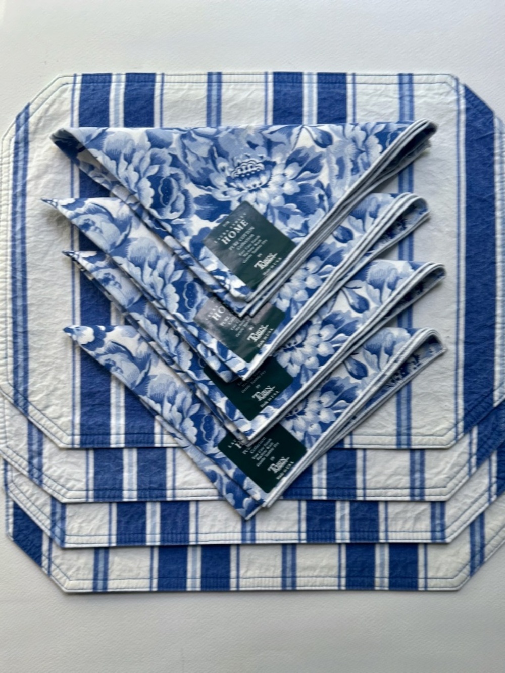 Laura Ashley Home Blue & White Reversible Cotton Set of 4 Placemats & Napkins